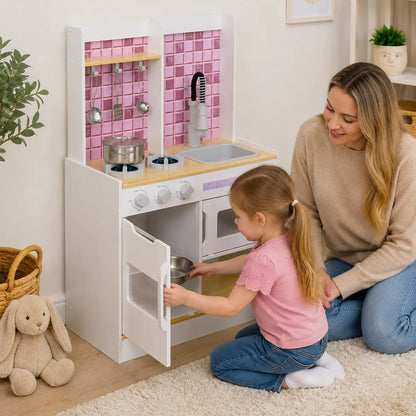 Wooden Play Kitchen with Oven, Stove and Sink – White lifestyle play scene 2