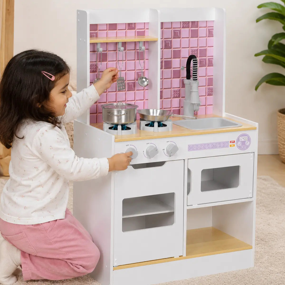 Wooden Play Kitchen with Oven, Stove and Sink – White lifestyle play scene 3