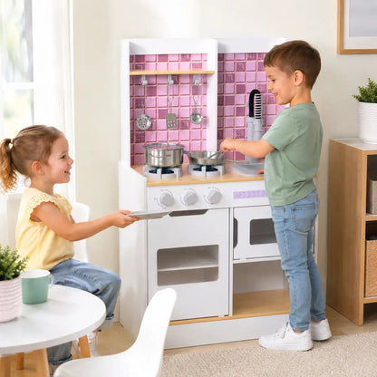 Wooden Play Kitchen with Oven, Stove and Sink – White lifestyle play scene 4