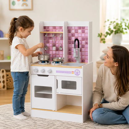 Wooden Play Kitchen with Oven, Stove and Sink – White