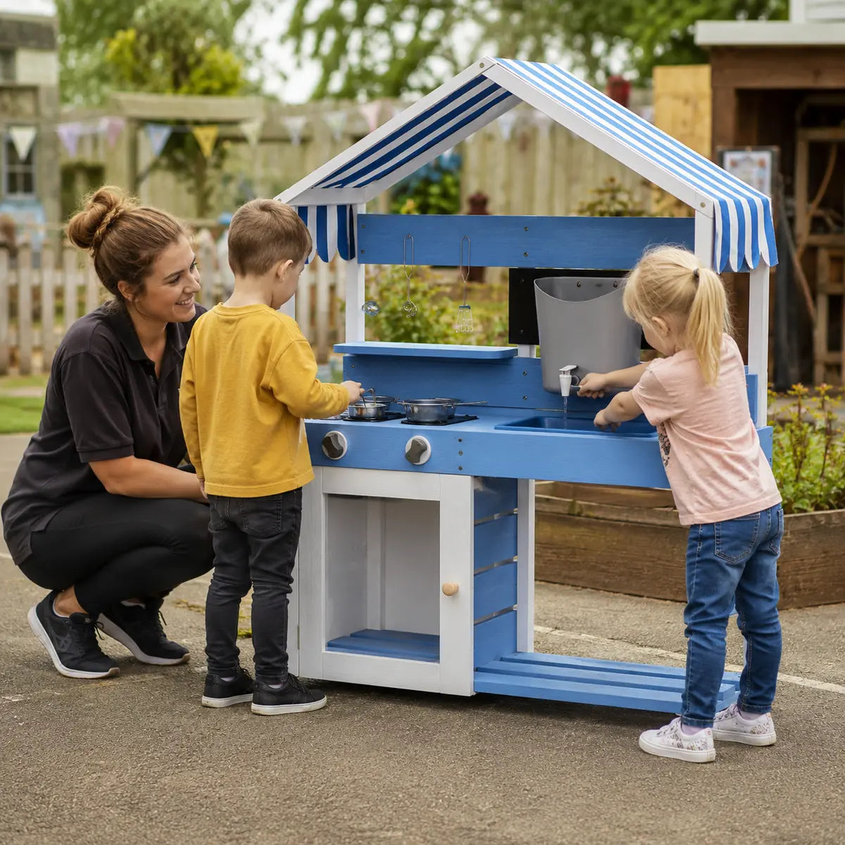 Outdoor Wooden Mud Kitchen with Sink and Accessories – Blue lifestyle play scene 1