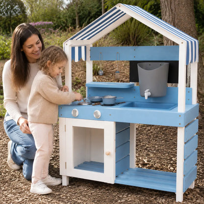 Outdoor Wooden Mud Kitchen with Sink and Accessories – Blue lifestyle play scene 2