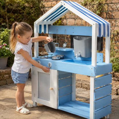 Outdoor Wooden Mud Kitchen with Sink and Accessories – Blue lifestyle play scene 3