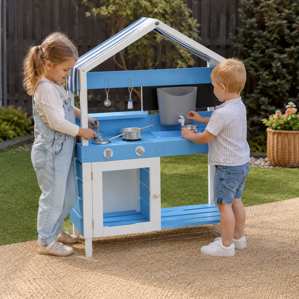 Outdoor Wooden Mud Kitchen with Sink and Accessories – Blue lifestyle play scene 4