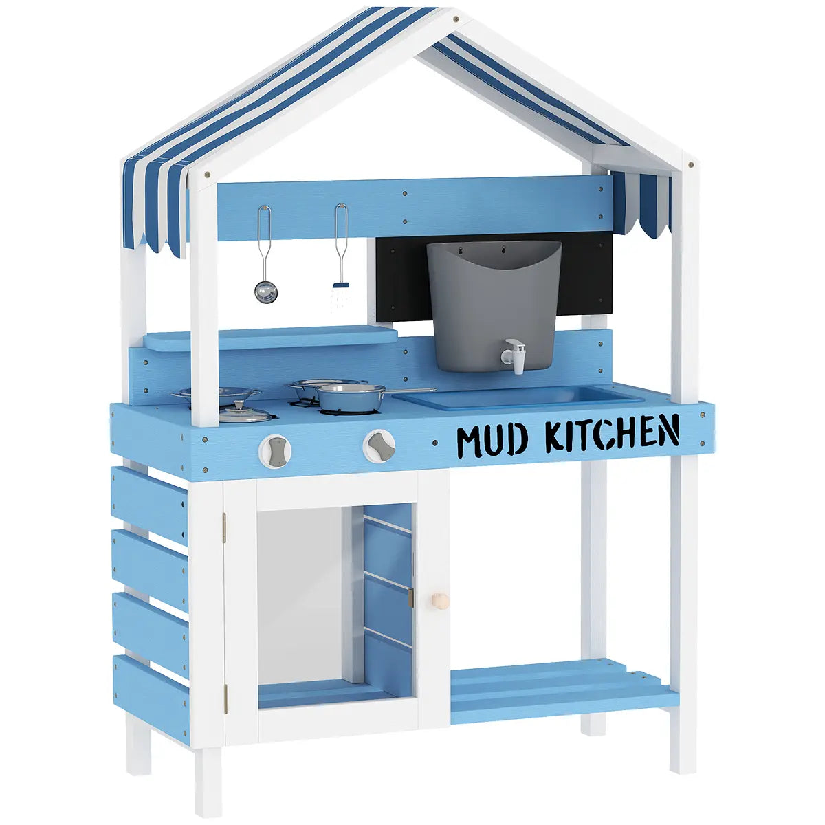 Outdoor Wooden Mud Kitchen with Sink and Accessories – Blue lifestyle play scene 5
