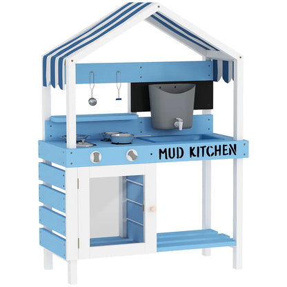 Outdoor Wooden Mud Kitchen with Sink and Accessories – Blue lifestyle play scene 5