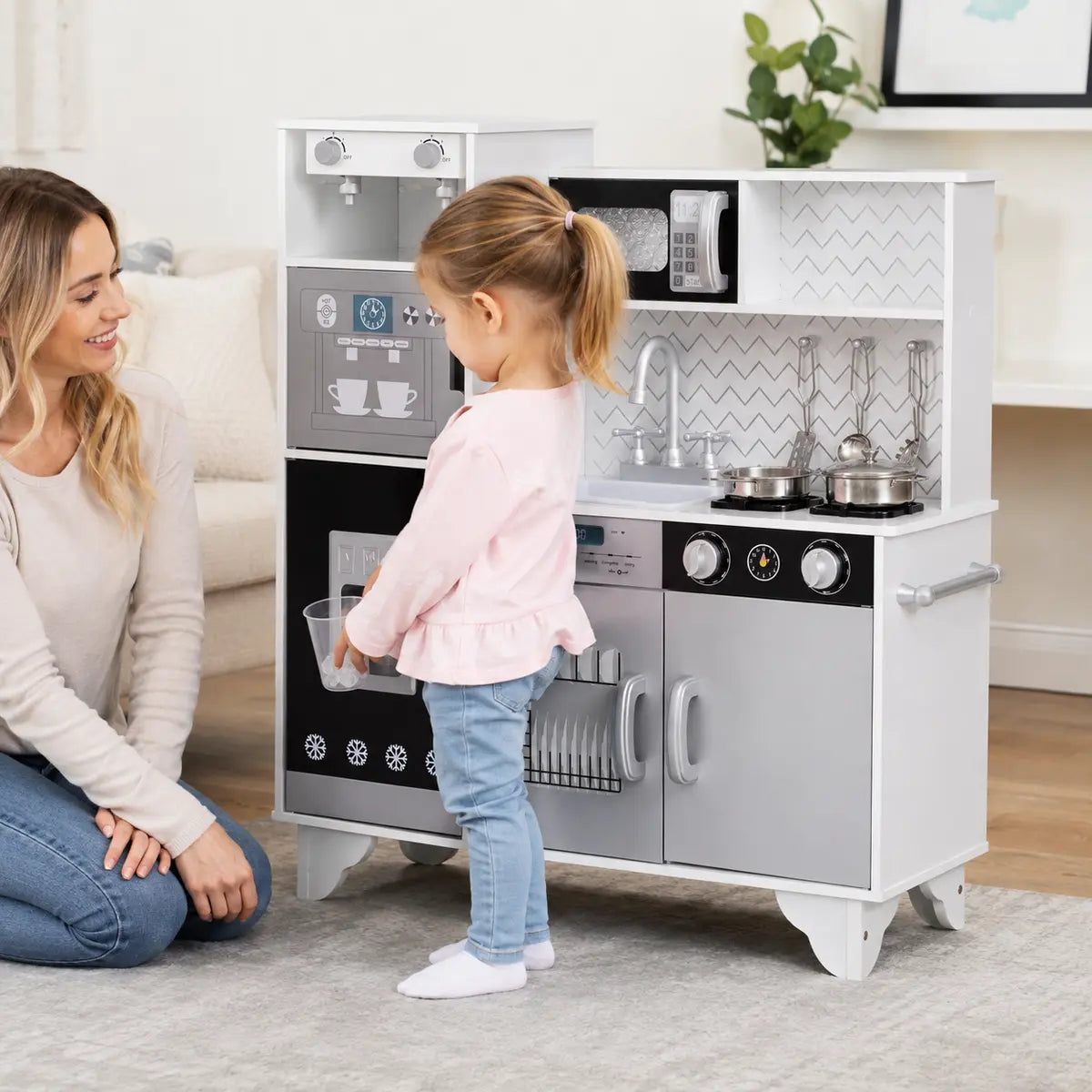Kids' Play Kitchen with Sound, Ice Maker and Coffee Maker – White lifestyle play scene 2