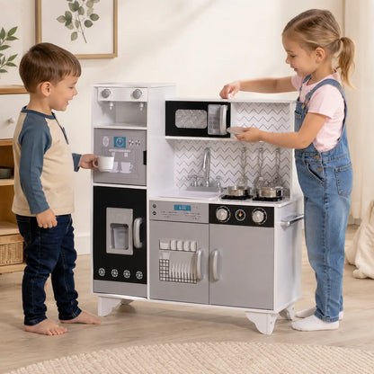 Kids' Play Kitchen with Sound, Ice Maker and Coffee Maker – White lifestyle play scene 4