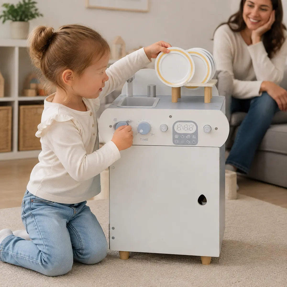 Wooden Dishwasher and Sink Pretend Play Set lifestyle play scene 3