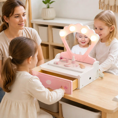 Portable Kids' Vanity Table with Lighted Mirror – Pink lifestyle play scene 1