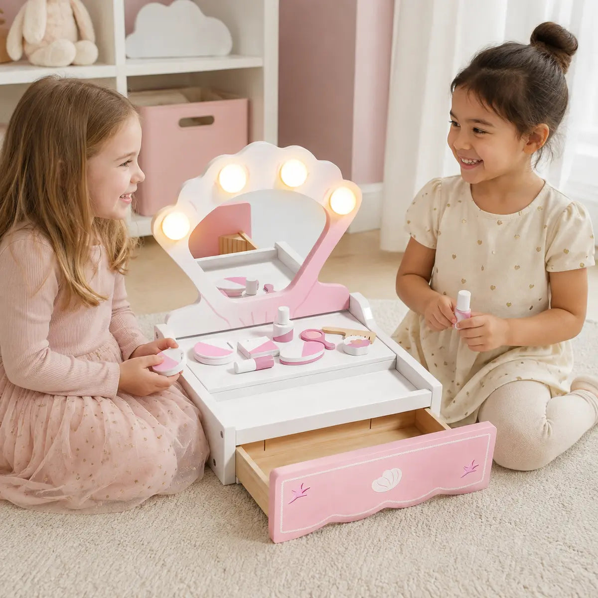 Portable Kids' Vanity Table with Lighted Mirror – Pink lifestyle play scene 4