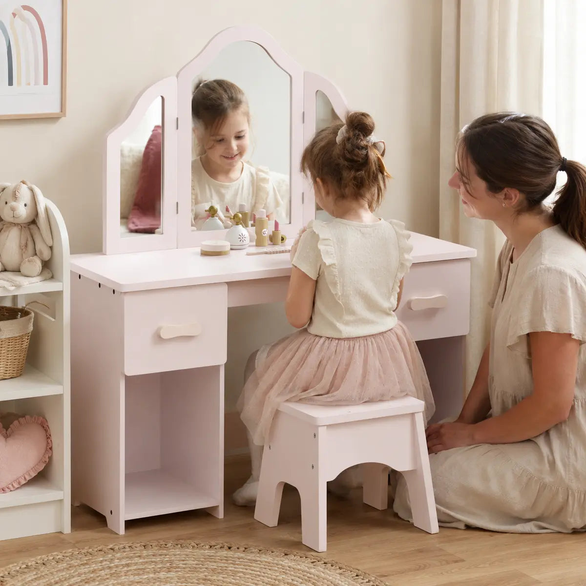 Kids' Dressing Table and Chair Set with Tri-Fold Mirror – Pink lifestyle play scene 1