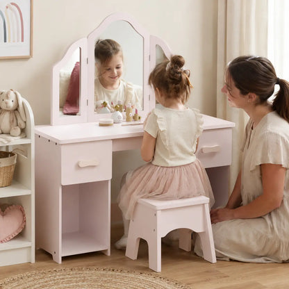 Kids' Dressing Table and Chair Set with Tri-Fold Mirror – Pink lifestyle play scene 1