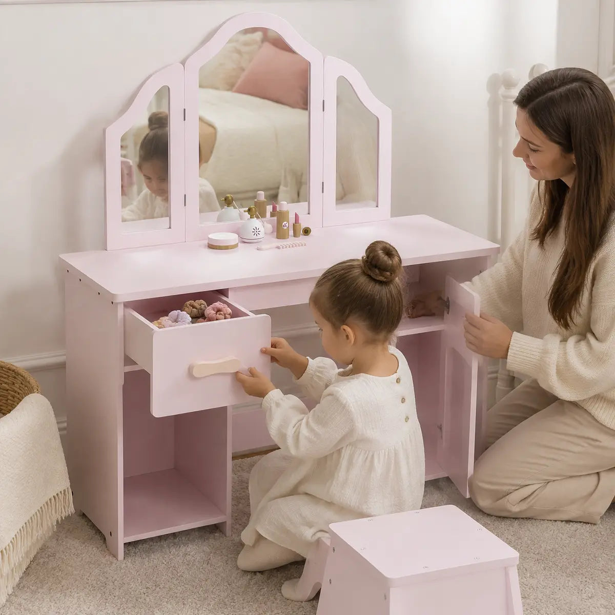 Kids' Dressing Table and Chair Set with Tri-Fold Mirror – Pink lifestyle play scene 2