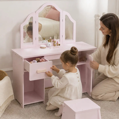 Kids' Dressing Table and Chair Set with Tri-Fold Mirror – Pink lifestyle play scene 2