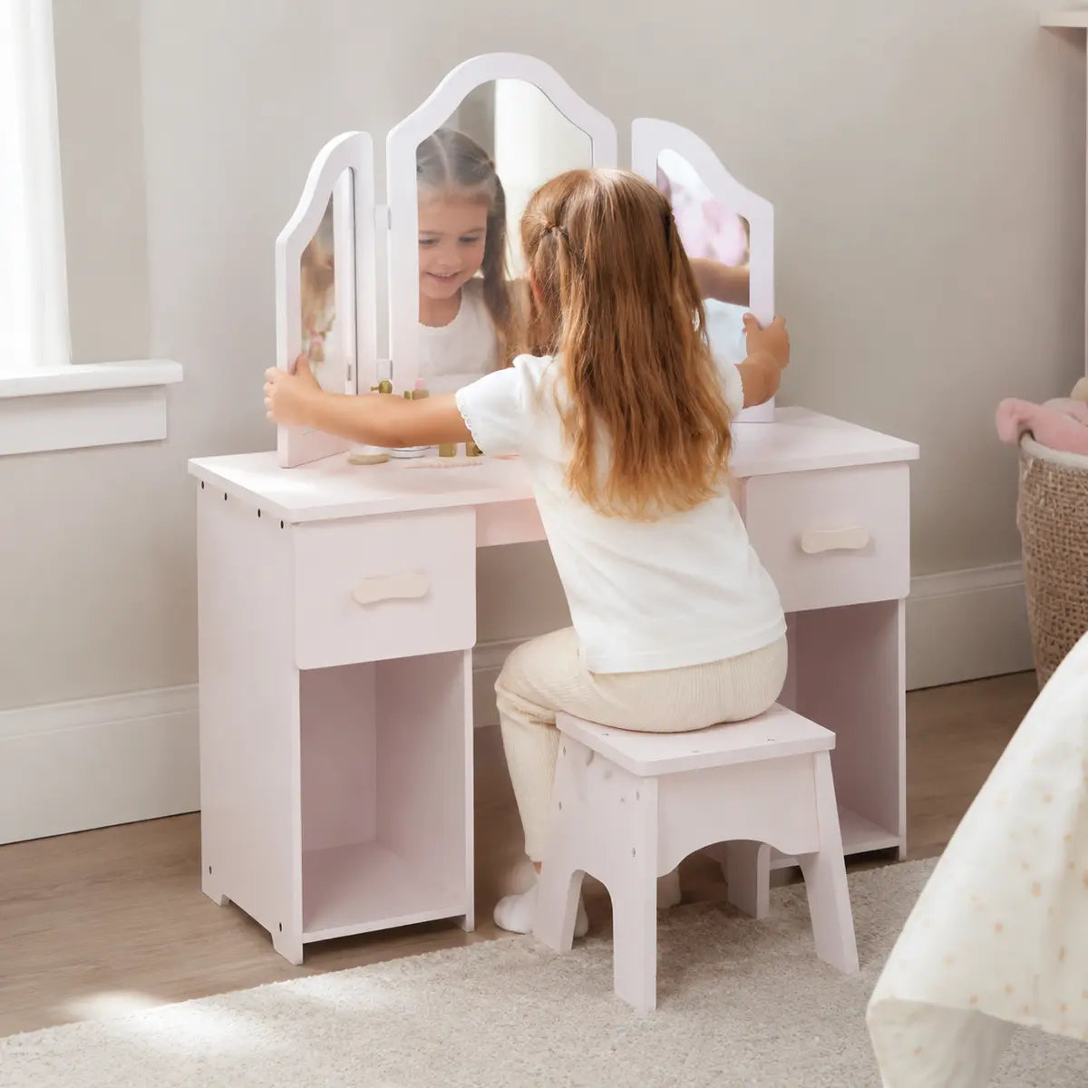 Kids' Dressing Table and Chair Set with Tri-Fold Mirror – Pink lifestyle play scene 3
