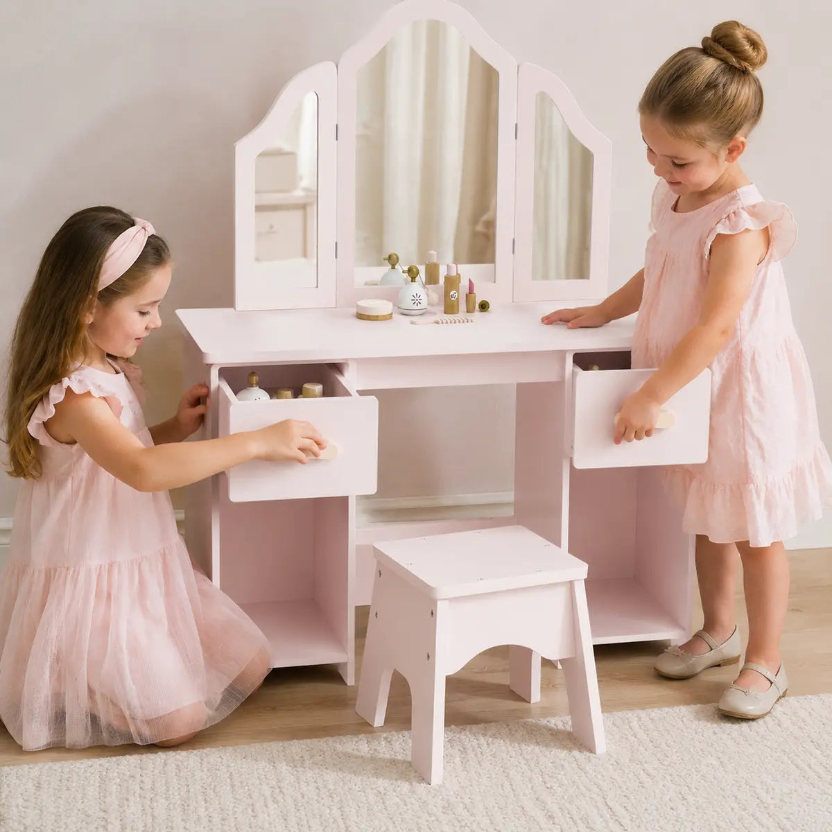 Kids' Dressing Table and Chair Set with Tri-Fold Mirror – Pink lifestyle play scene 4