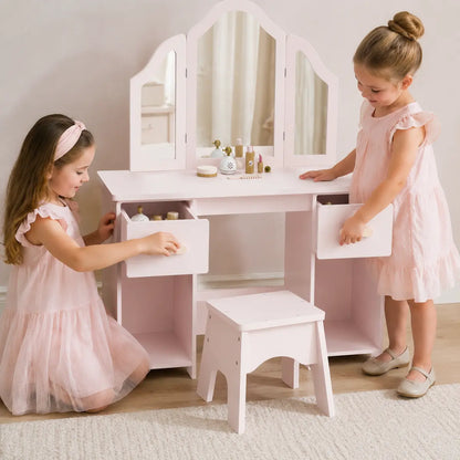 Kids' Dressing Table and Chair Set with Tri-Fold Mirror – Pink lifestyle play scene 4