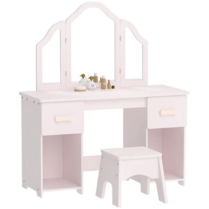 Kids' Dressing Table and Chair Set with Tri-Fold Mirror – Pink lifestyle play scene 5