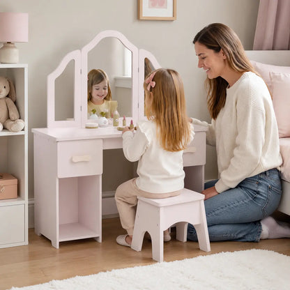 Kids' Dressing Table and Chair Set with Tri-Fold Mirror – Pink