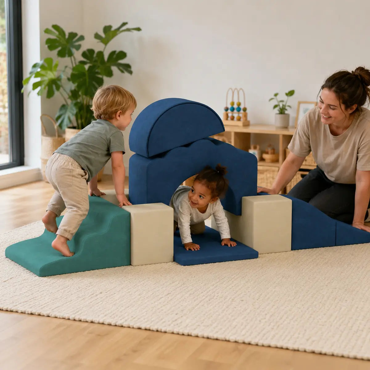 7-Piece Toddler Soft Play Climbing Set – Dark Blue lifestyle play scene 1