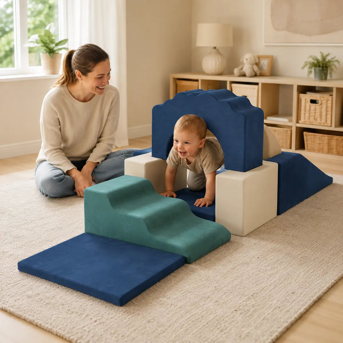 7-Piece Toddler Soft Play Climbing Set – Dark Blue lifestyle play scene 2