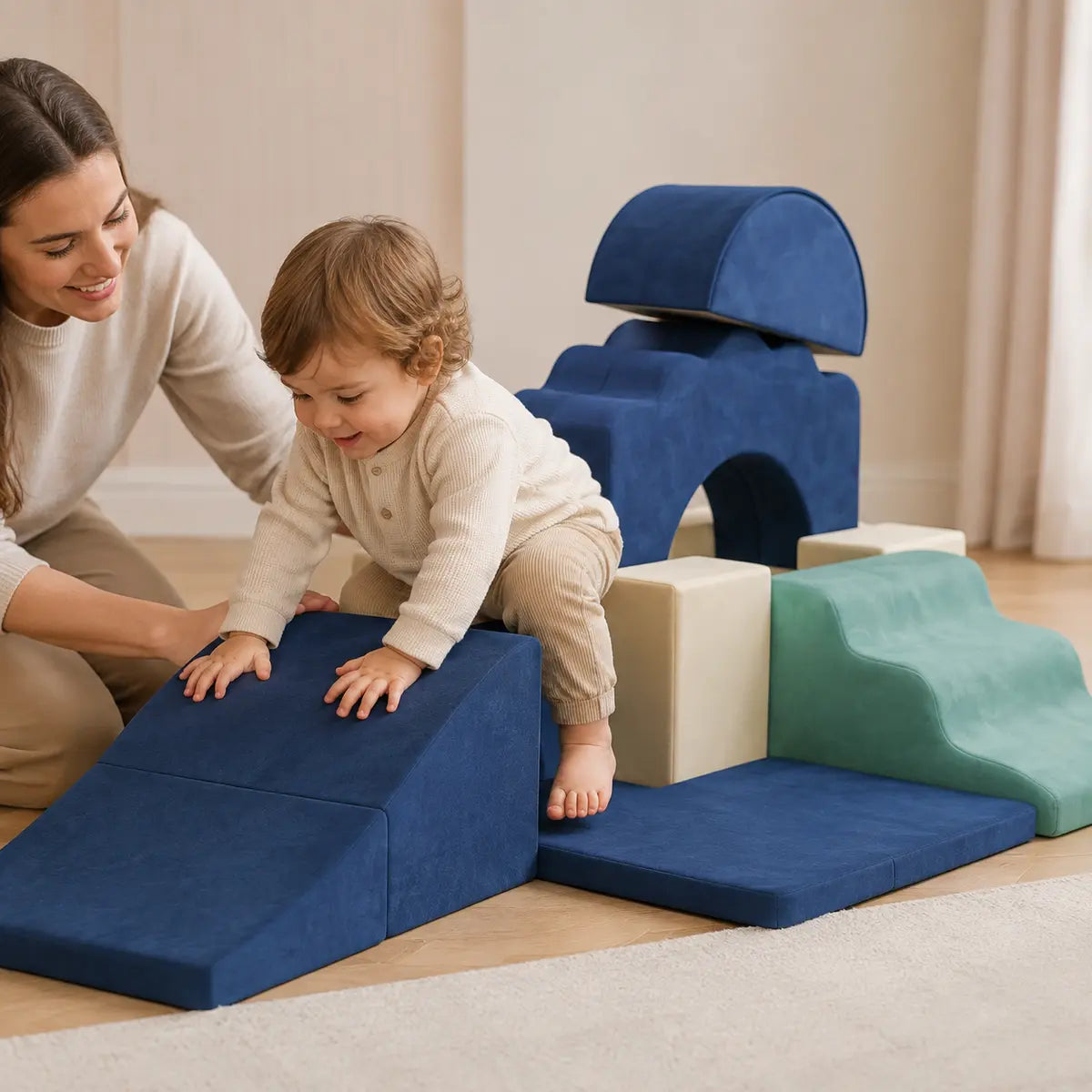 7-Piece Toddler Soft Play Climbing Set – Dark Blue lifestyle play scene 3