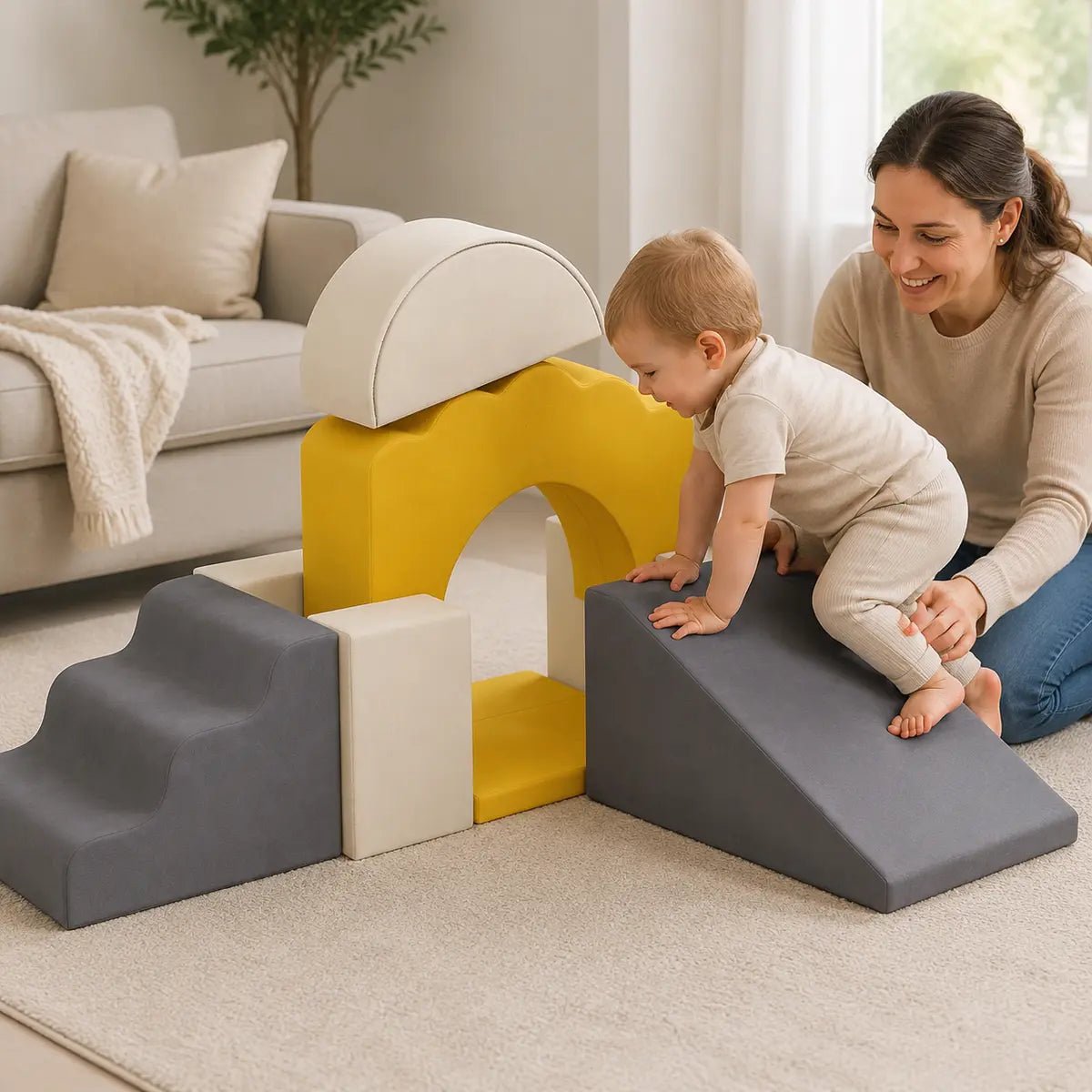 7-Piece Toddler Soft Play Climbing Set – Yellow lifestyle play scene 3