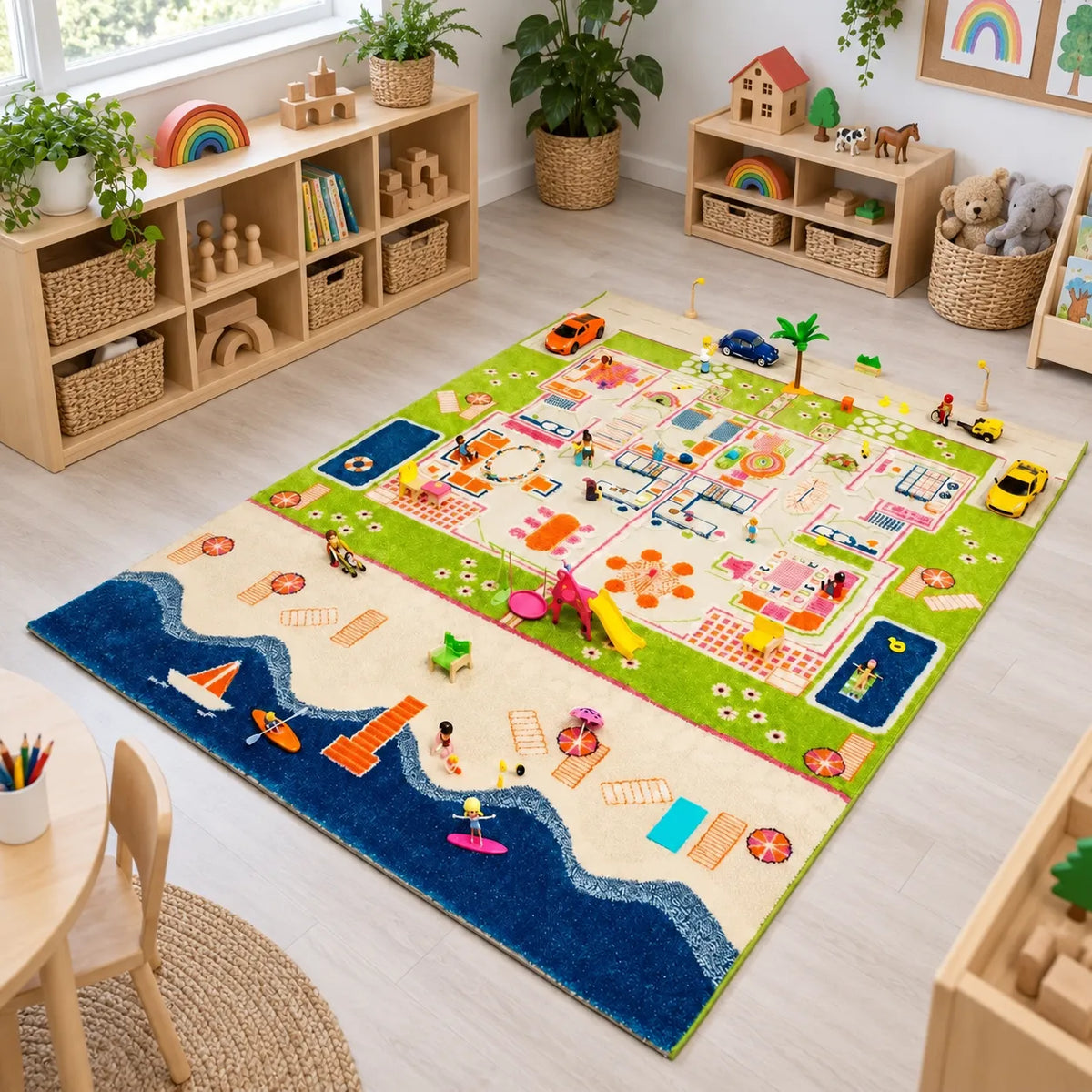 3D Twin Houses Play Rug in a naturally lit early years classroom without children, lifestyle view 2