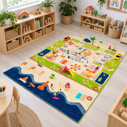 3D Twin Houses Play Rug in a naturally lit early years classroom without children, lifestyle view 2