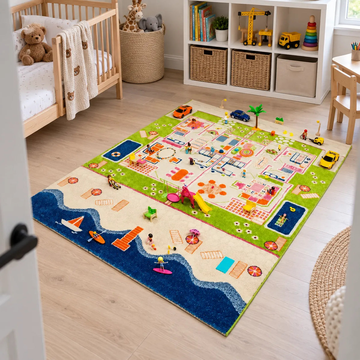 3D Twin Houses Play Rug in a naturally lit early years classroom without children, lifestyle view 3