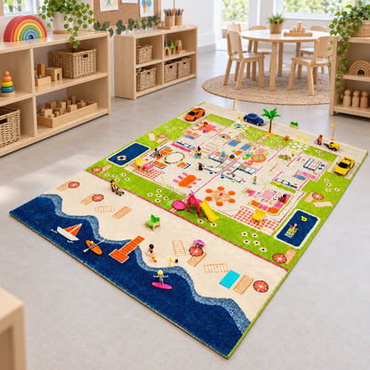 3D Twin Houses Play Rug in a naturally lit early years classroom without children, lifestyle view 4