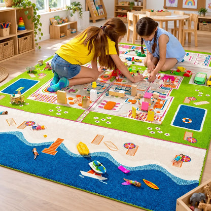 Children using the 3D Twin Houses Play Rug in a naturally lit early years classroom, lifestyle view 5