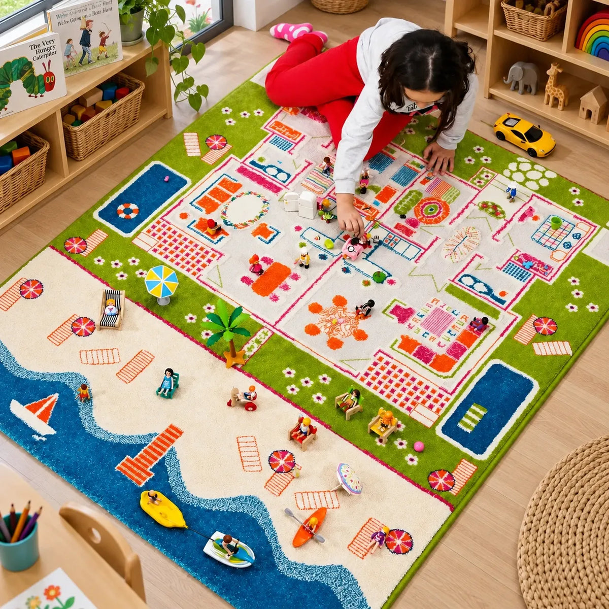Children using the 3D Twin Houses Play Rug in a naturally lit early years classroom, lifestyle view 6