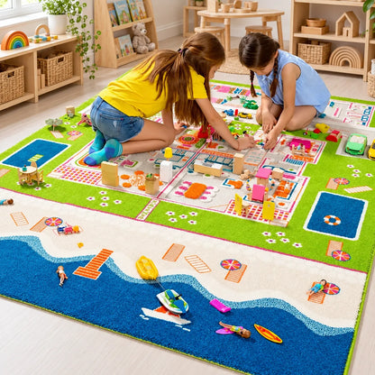 Children using the 3D Twin Houses Play Rug in a naturally lit early years classroom, lifestyle view 7
