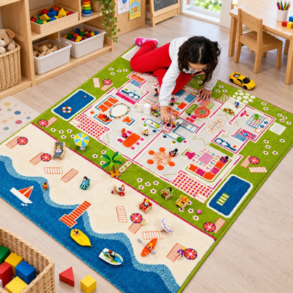 Children using the 3D Twin Houses Play Rug in a naturally lit early years classroom, lifestyle view 8
