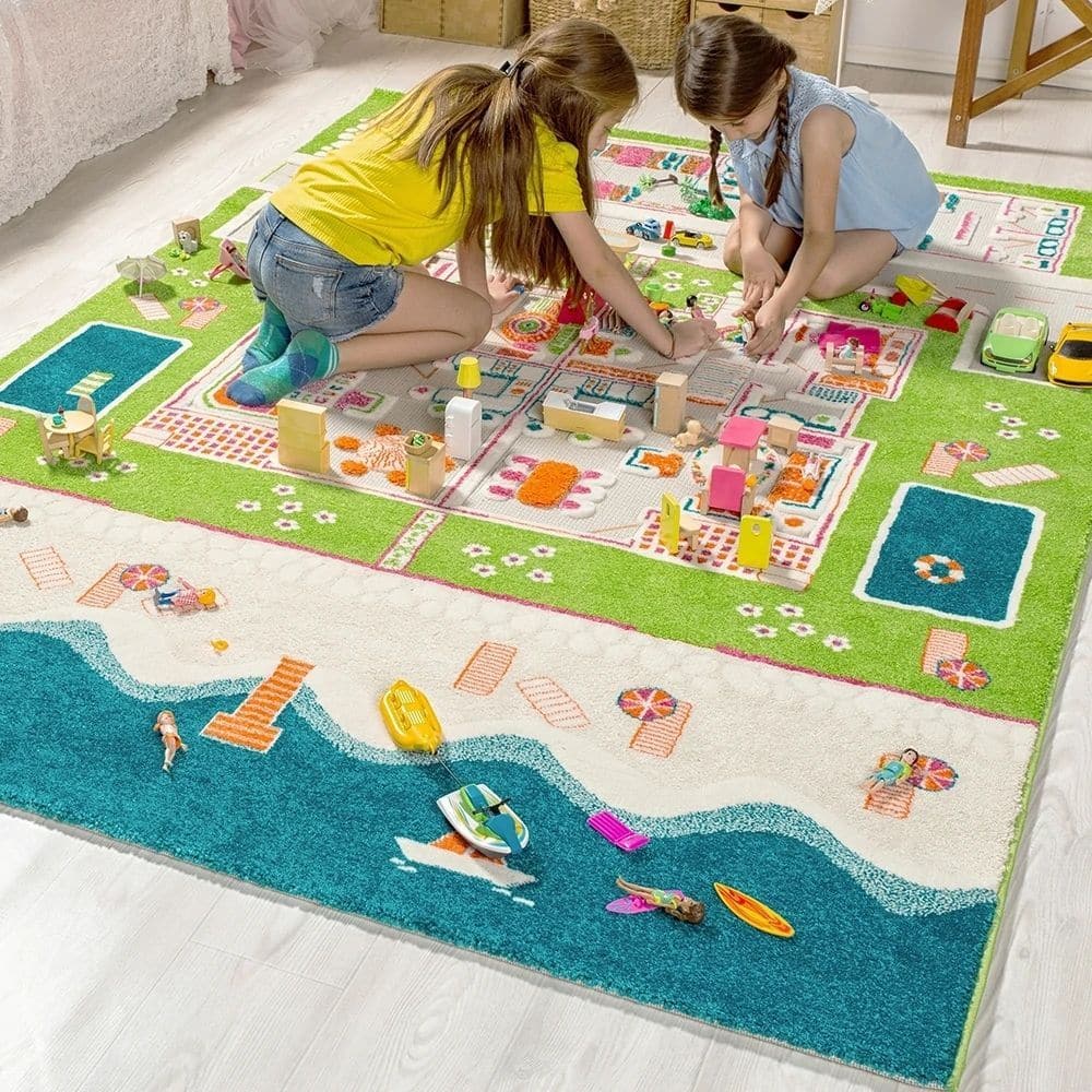 3D Twin Houses Play Rug, This unique, and highly innovative 3D Twin Houses Play Rug, adds a fabulous new 3 dimensional aspect to children’s play. The 3D Twin Houses Play Rug is produced in a thick, wool-like pile with realistic woven images which provide an activity area for endless hours of creative and imaginary play. Available in 3 different types – choose from The Farm, Mini City or Twin Houses. Children will love adding their toys for the fun to begin (toys shown in illustration not included). All rugs