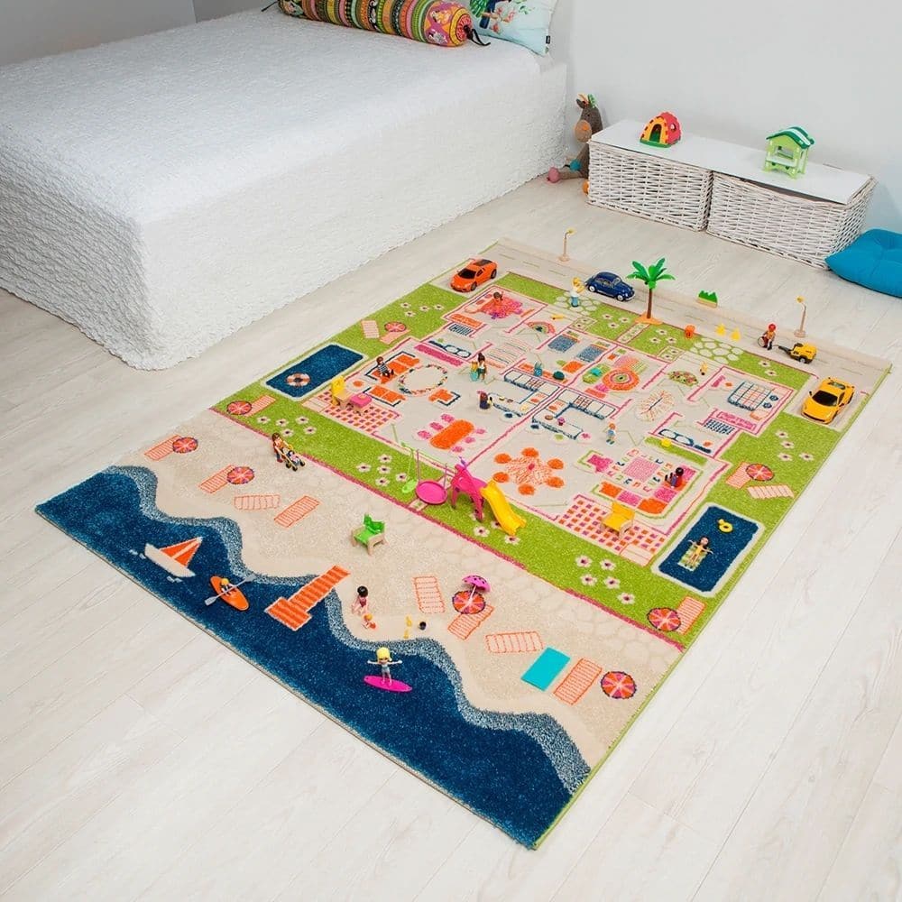 3D Twin Houses Play Rug, This unique, and highly innovative 3D Twin Houses Play Rug, adds a fabulous new 3 dimensional aspect to children’s play. The 3D Twin Houses Play Rug is produced in a thick, wool-like pile with realistic woven images which provide an activity area for endless hours of creative and imaginary play. Available in 3 different types – choose from The Farm, Mini City or Twin Houses. Children will love adding their toys for the fun to begin (toys shown in illustration not included). All rugs