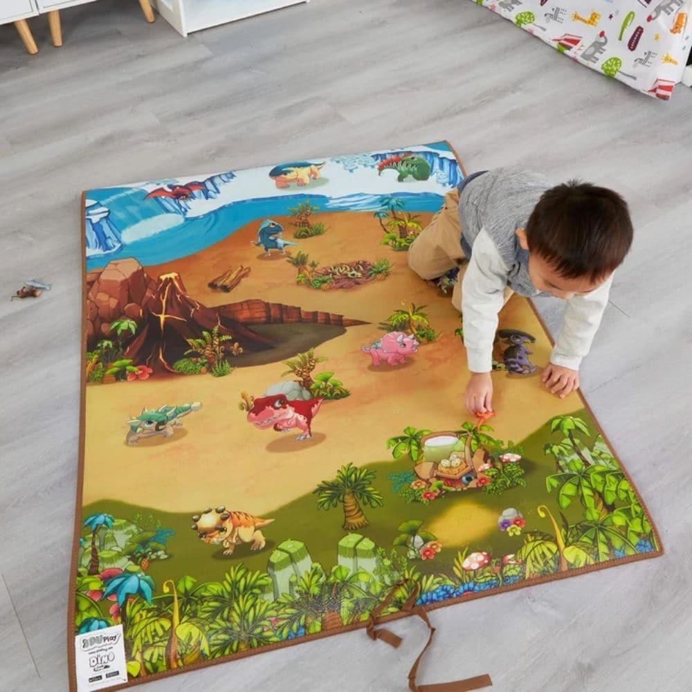 3DUPlay Playmat Dino, Welcome to the 3DUPlay Dino Playmat, where imagination roars to life! Transport your little explorers to a world filled with gigantic dinosaurs, erupting volcanoes, and interactive adventures, all while learning and having fun. Features of the 3DUPlay Playmat Dino: Dino World Awaits: A fantastic dinosaur-themed setting, where your child can meet various dinosaur friends. Augmented Reality Experience: Just point your phone or tablet at the mat, follow the simple instructions, and watch 
