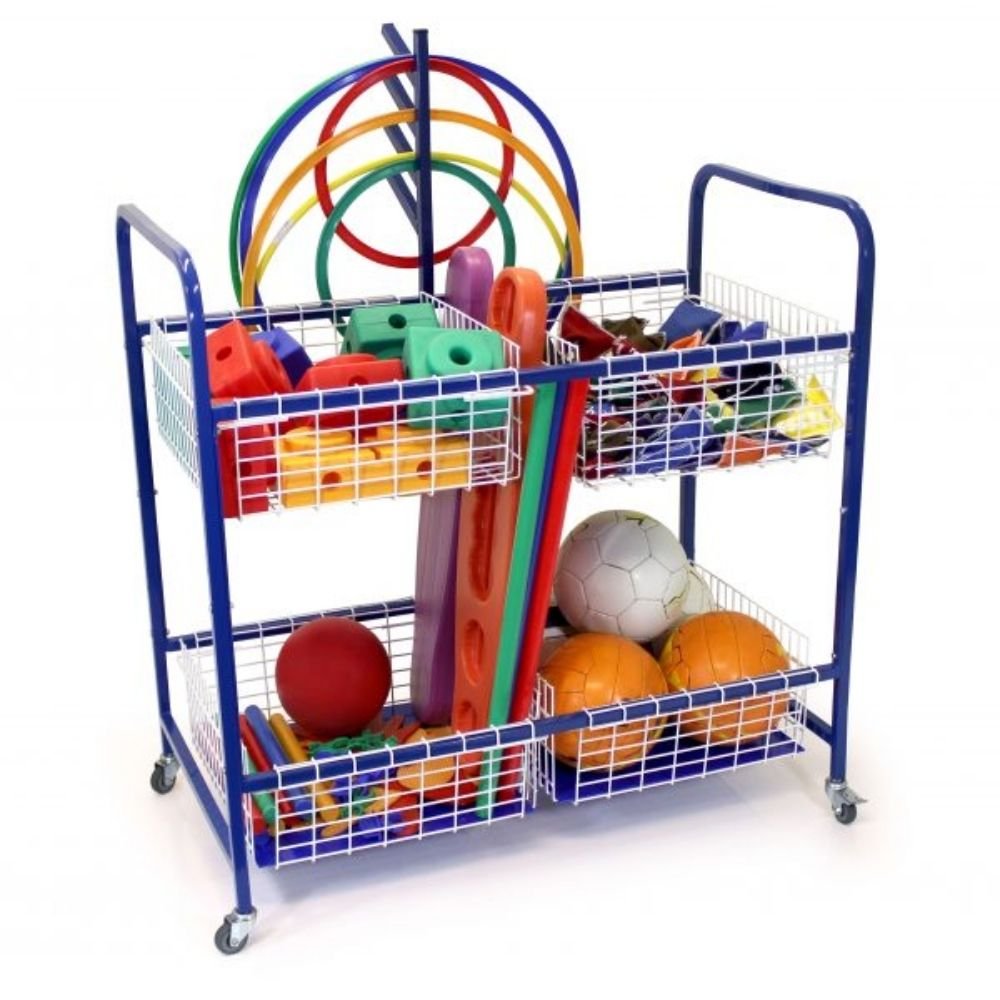 4 Basket Sport Trolley, A robust mobile sports storage trolley with 4 castors, 2 of which are lockable. Storing away school sports equipment is a breeze with this this sports storage equipment trolley. The 4 Basket Sport Trolley includes 4 plastic coated wire baskets, which are ideal for storing a number of different sports equipment and also keeping your play areas tidy. A large hoop storage pole is also fixed to the back of the trolley. Dimensions L100 x W55 x H100 cm, 4 Basket Sport Trolley-Sensory Toys,