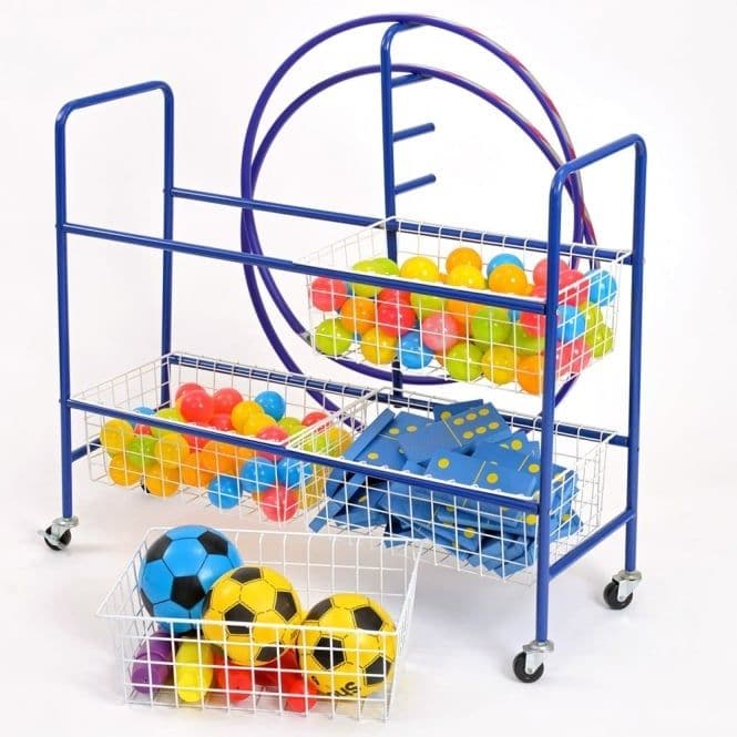 4 Basket Sport Trolley, A robust mobile sports storage trolley with 4 castors, 2 of which are lockable. Storing away school sports equipment is a breeze with this this sports storage equipment trolley. The 4 Basket Sport Trolley includes 4 plastic coated wire baskets, which are ideal for storing a number of different sports equipment and also keeping your play areas tidy. A large hoop storage pole is also fixed to the back of the trolley. Dimensions L100 x W55 x H100 cm, 4 Basket Sport Trolley-Sensory Toys,