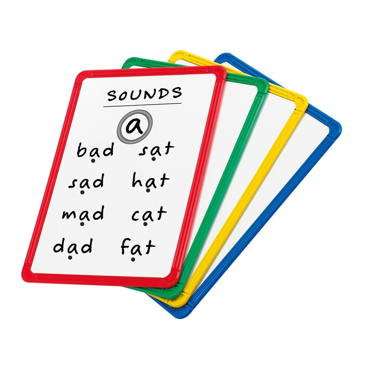 4 Pack Magnetic Plastic Framed Whiteboards, These large magnetic whiteboards are a versatile resource and ideal for a range of uses. Not only can children can write and wipe on them, but they can use them with magnetic letters, numbers and labels. They are very child-friendly, oversized for plenty of creativity yet light and easy to carry. The whiteboards have plastic frames in four colours. Supports developing literacy, pre-writing and writing skills, creativity and imagination. 4 large whiteboards Magneti