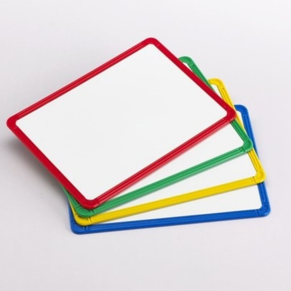 4 Pack Magnetic Plastic Framed Whiteboards, These large magnetic whiteboards are a versatile resource and ideal for a range of uses. Not only can children can write and wipe on them, but they can use them with magnetic letters, numbers and labels. They are very child-friendly, oversized for plenty of creativity yet light and easy to carry. The whiteboards have plastic frames in four colours. Supports developing literacy, pre-writing and writing skills, creativity and imagination. 4 large whiteboards Magneti