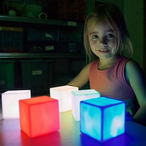 4 pack of Colour Changing Mood Cubes, These stunning Mood Cubes are the ultimate in portable mood lighting, and looks amazing is it gently fazes through various colours. No messy wires either as they are hand free and hand sized cubes. The Colour Changing Mood Cubes can be used in any room to create a calming atmosphere. When switched on each block will change colour sequentially - blue, purple, red, yellow, green - to create a soft mood. Phases softly between colours to create a great calming atmosphere. G