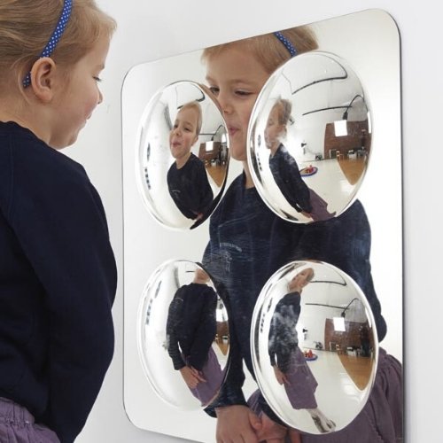 4 Pack TickiT Large Acrylic Mirror Panels Set, The TickiT Large Acrylic Mirror Panels Set is made from scratch resistant acrylic these mirror panels are safe and ideal for any classroom or nursery setting. Children are drawn to the TickiT Large Acrylic Mirrors for the observation of themselves and objects. The convex mirror domes provide a distorted, fun and interesting view of the world for children to explore. They can be sited inside or outside and come with sticky pads and corner fixing brackets for att