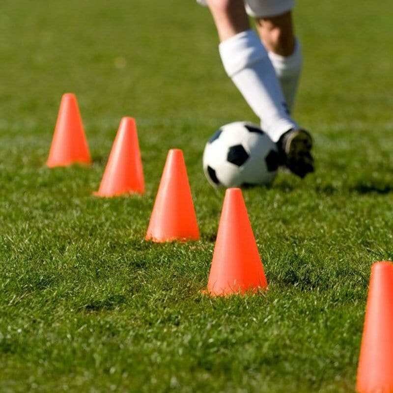 4 Pack Training Marker Cones, Coming in a pack of four, these plastic cones are versatile for lots of outdoor games: set them up in a line for football dribbling practise or running in a line, use them as markers for a game of rounders, or use them as distance markers for throwing games. Great for encouraging active play and a fun way to get fit, a little bit of imagination is all that's needed to create lots of fun games. Suitable from 2 years. Football available separately. Set of 4 sports cones Easy to s