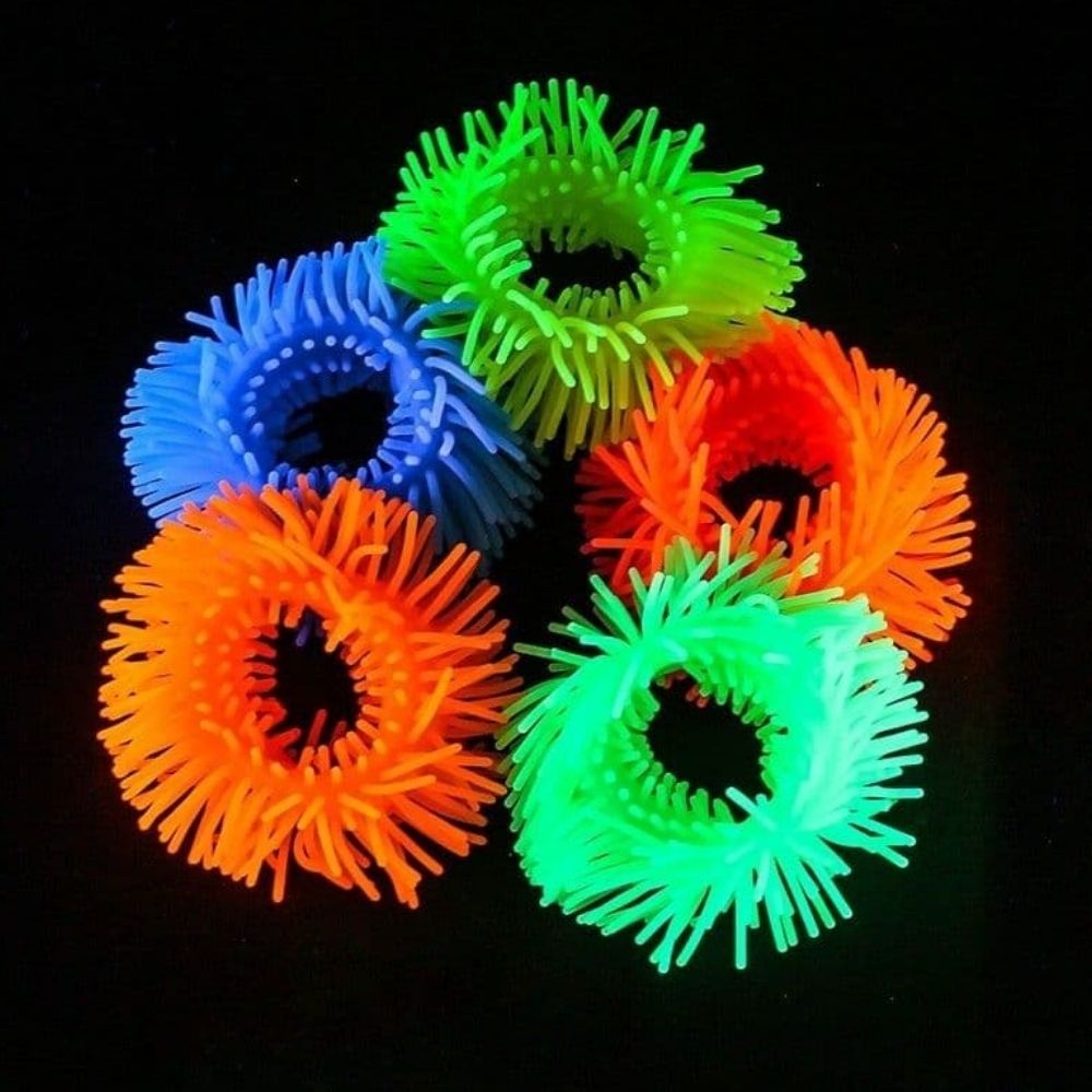 4 Pack Uv sensory bracelets, These stretchy UV bracelets are very fun and colourful. The Uv sensory bracelets are perfect for playing in the dark making them great for UV Exploratory play. The Uv sensory bracelets can be placed on the wrist or ankle, or stretched between two objects, such as small poles. Their exposure to UV light increases their brilliance and enhances any sensory play session in the dark! The Uv sensory bracelets are a fantastic tactile resource that children will love to explore and fidg