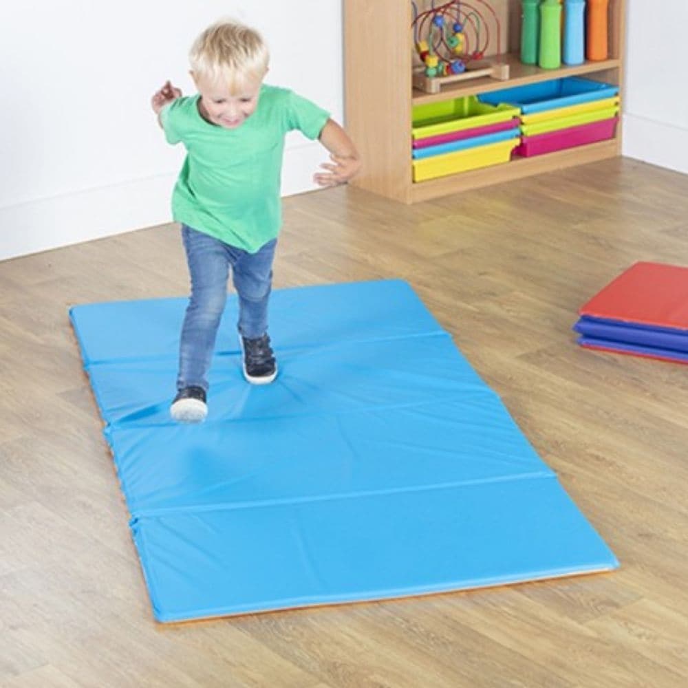 4 Section Folding Tumble Mat Pack of 5, Brightly coloured ,versatile 4 section tumble mats ideal for group activities and physical play The Tumble Mats Pack of 5 are suitable for use indoors or outdoors for physical play, basic gymnastics and around activity toys. The Tumble Mats Pack of 5 are suitable for nursery school, pre-school, play school, and early years. The mat folds easily for storage and has sealed welded edges with no stitching making it suitable for indoor or outdoor use. The mat can fold doub