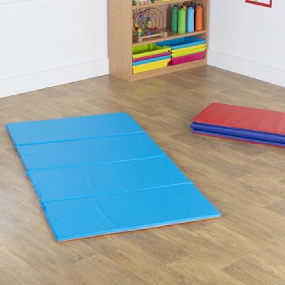 4 Section Folding Tumble Mat Pack of 5, Brightly coloured ,versatile 4 section tumble mats ideal for group activities and physical play The Tumble Mats Pack of 5 are suitable for use indoors or outdoors for physical play, basic gymnastics and around activity toys. The Tumble Mats Pack of 5 are suitable for nursery school, pre-school, play school, and early years. The mat folds easily for storage and has sealed welded edges with no stitching making it suitable for indoor or outdoor use. The mat can fold doub