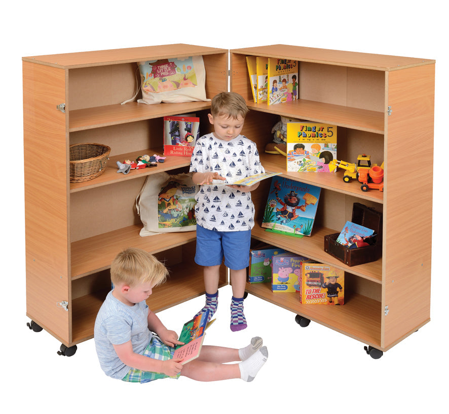 4 Shelf Bookcase Hinged, The 4 Shelf Bookcase Hinged is a versatile and innovative storage solution, designed with both functionality and safety in mind. Its unique hinged design makes it especially suitable for educational environments like schools and EYFS (Early Years Foundation Stage) settings. 4 Shelf Bookcase Hinged Features: Double-Sided Design: This 4 Shelf Bookcase Hinged is double-sided, providing ample storage space for a variety of books, educational materials, or display items. Flexible Hinged 